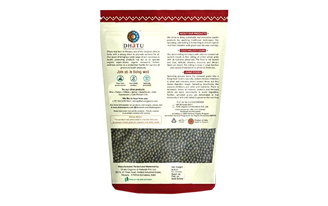 Dhatu Certified Organic Green Gram (Whole)   Pack  500 grams